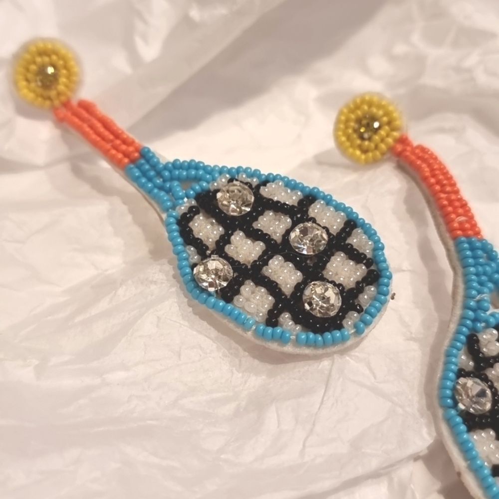 New Multicolor Beaded Tennis  Racket Rhinestone Earrings - Picture 3 of 8